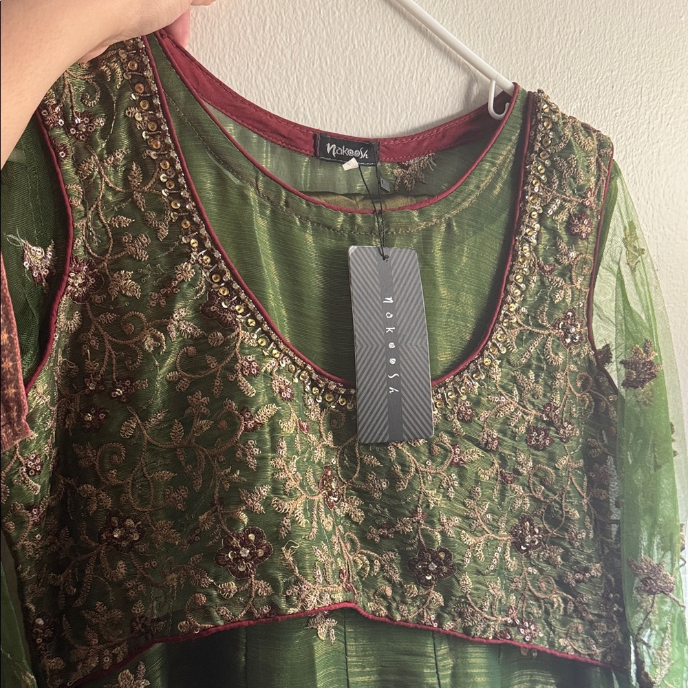 Akoo Green and Red Embroidered Maxi Dress